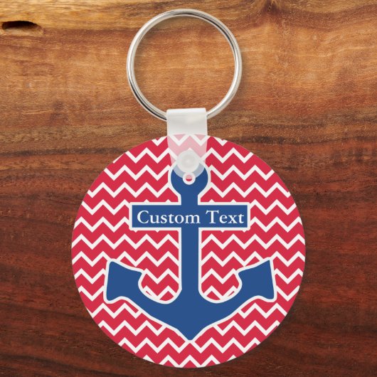 Nautical Blue Anchor op Red Chevron Achtergrond Sleutelhanger (Voorkant)