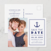 Nautical Blue Anchor Photo Weddenschap Save the Da Aankondigingskaart (Voorkant / Achterkant)