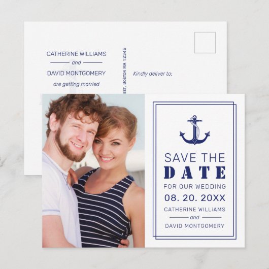 Nautical Blue Anchor Photo Weddenschap Save the Da Aankondigingskaart (Voorkant / Achterkant)