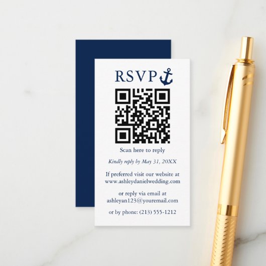 Nautical Blue Anchor QR RSVP Informatiekaartje (Voorkant / Achterkant in situ)