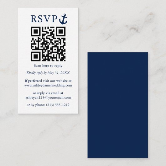 Nautical Blue Anchor QR RSVP Informatiekaartje (Voorkant / Achterkant)