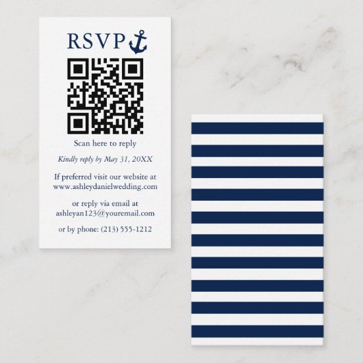 Nautical Blue Anchor QR RSVP Striped Informatiekaartje (Voorkant / Achterkant)