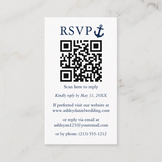 Nautical Blue Anchor QR RSVP Striped Informatiekaartje (Voorkant)