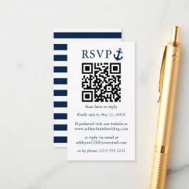Nautical Blue Anchor QR RSVP Striped Informatiekaartje