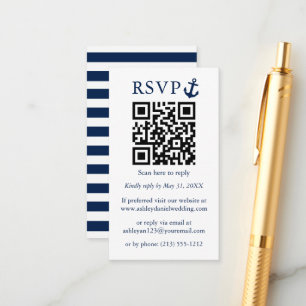 Nautical Blue Anchor QR RSVP Striped Informatiekaartje
