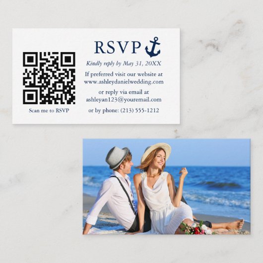 Nautical Blue Anchor RSVP QR foto van bruiloft Informatiekaartje (Voorkant / Achterkant)
