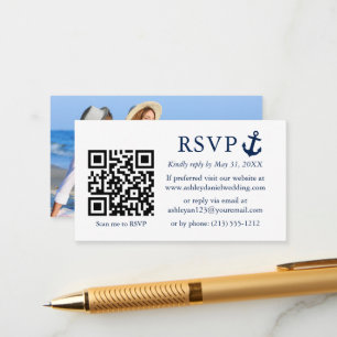 Nautical Blue Anchor RSVP QR foto van bruiloft Informatiekaartje