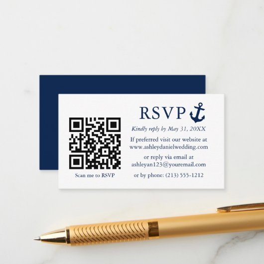 Nautical Blue Anchor RSVP QR Informatiekaartje (Voorkant / Achterkant in situ)