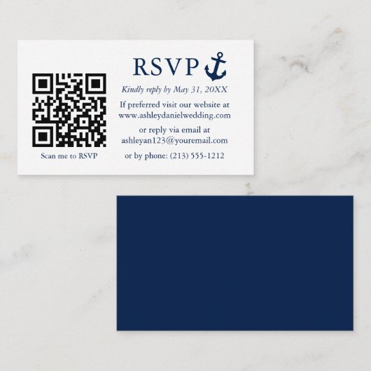 Nautical Blue Anchor RSVP QR Informatiekaartje (Voorkant / Achterkant)
