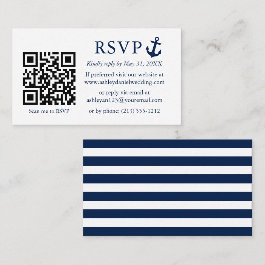 Nautical Blue Anchor RSVP QR Striped Informatiekaartje (Voorkant / Achterkant)