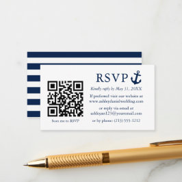 Nautical Blue Anchor RSVP QR Striped Informatiekaartje