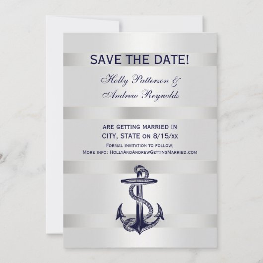 Nautical Blue Anchor Silver Wt BG V Save the Date Kaart (Achterkant)