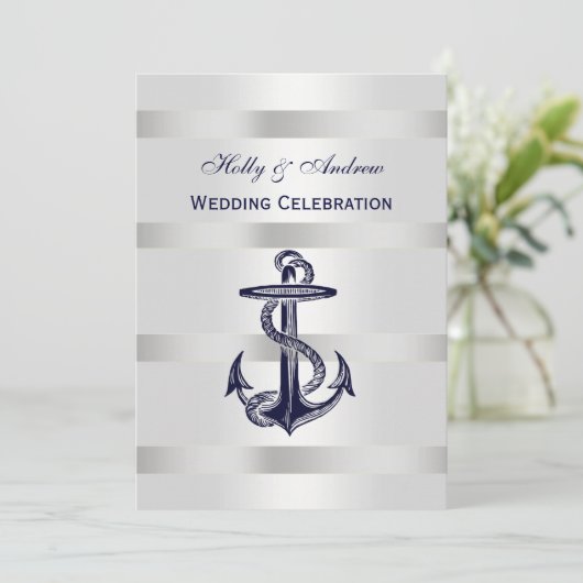 Nautical Blue Anchor Silver Wt BG V Wedding Kaart (Staand voorkant)