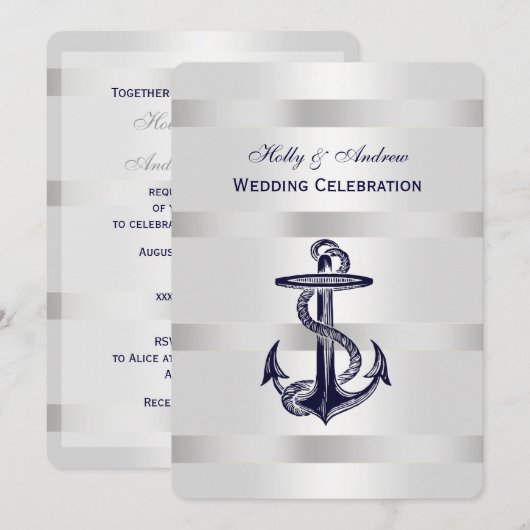 Nautical Blue Anchor Silver Wt BG V Wedding Kaart (Voorkant / Achterkant)