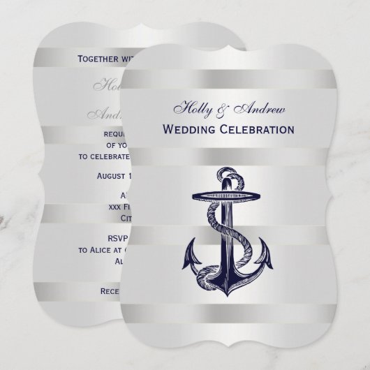 Nautical Blue Anchor Silver Wt BG V Wedding Kaart (Voorkant / Achterkant)