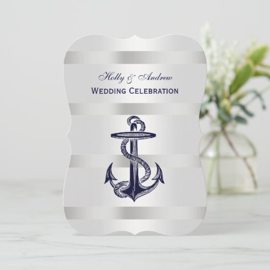 Nautical Blue Anchor Silver Wt BG V Wedding Kaart (Staand voorkant)
