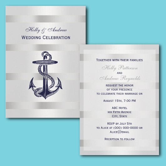 Nautical Blue Anchor Silver Wt BG V Wedding Kaart