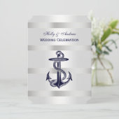 Nautical Blue Anchor Silver Wt BG V Wedding T Kaart (Staand voorkant)