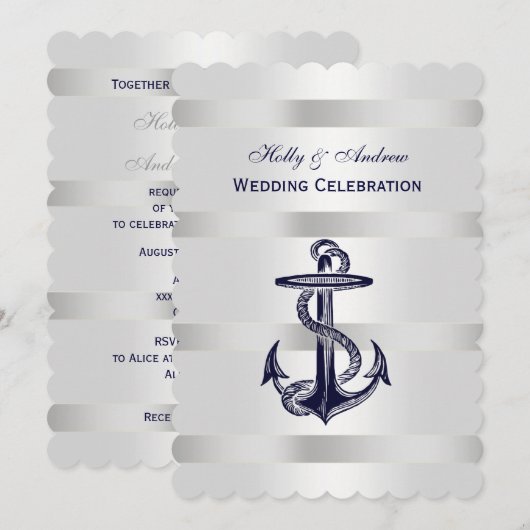 Nautical Blue Anchor Silver Wt BG V Wedding T Kaart (Voorkant / Achterkant)