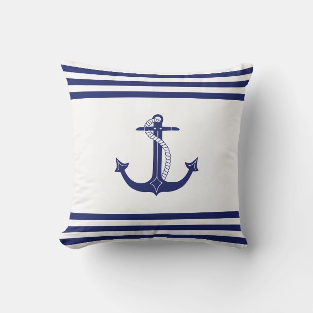 Nautical Blue Anchor Simple Navy and White Stripes Kussen (Voorkant)