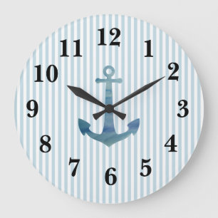 Nautical Blue Anchor Stripe Preppy Large Clock Grote Klok