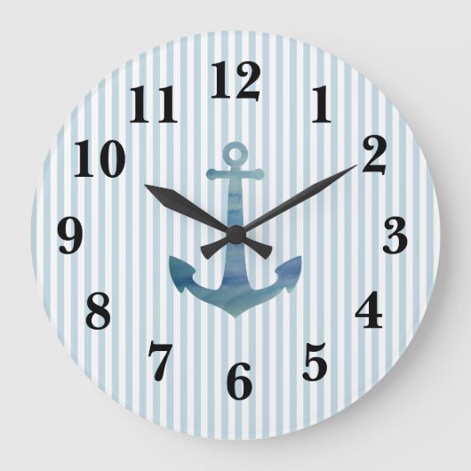 Nautical Blue Anchor Stripe Preppy Large Clock Grote Klok (Voorkant)