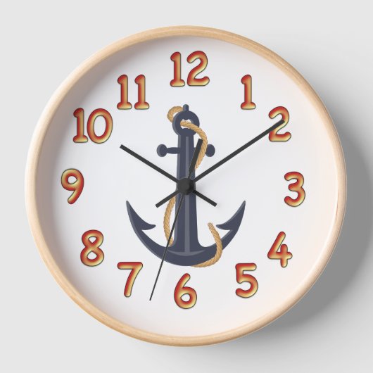 Nautical Blue Anchor Wall Clock Natural Wood Lijst (Voorkant)