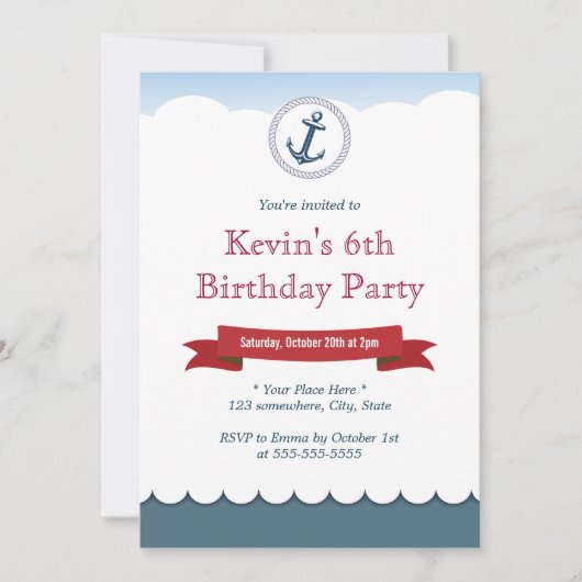 Nautical Blue Anchor & Zee Birthday Invitations Kaart (Voorkant)