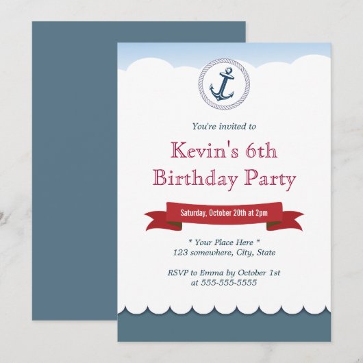 Nautical Blue Anchor & Zee Birthday Invitations Kaart (Voorkant / Achterkant)