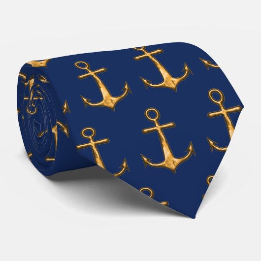 Nautical Blue and Gold Anchors Stropdas (Opgerold)