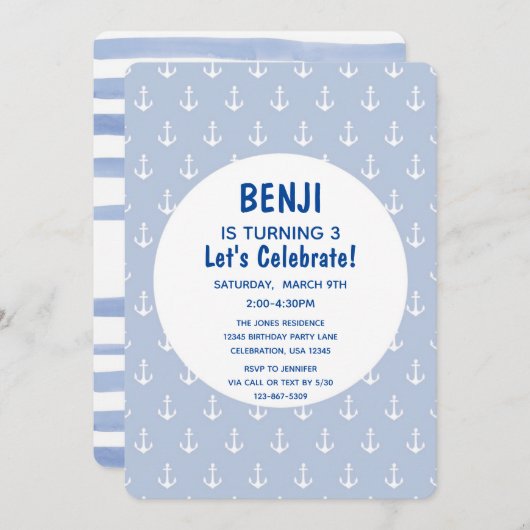 Nautical Blue and Navy Anchor Birthday Kaart (Voorkant / Achterkant)