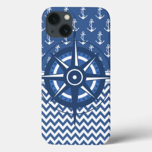 Nautical Blue and White Anchor and Chevron Pattern Case-Mate iPhone Case