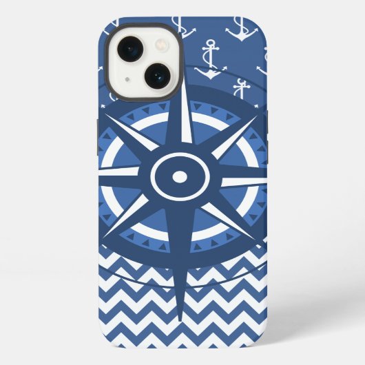 Nautical Blue and White Anchor and Chevron Pattern iPhone Hoesje (Achterkant)