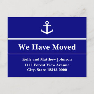 Nautical Blue and White Anchor Moving Notice Aankondigingskaart