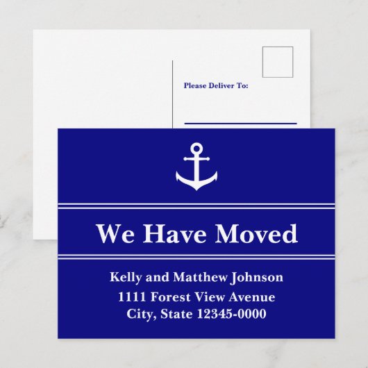 Nautical Blue and White Anchor Moving Notice Aankondigingskaart (Voorkant / Achterkant)