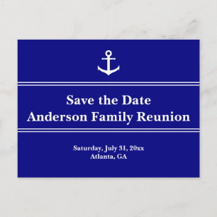 Nautical Blue and White Anchor Text Family Reunion Aankondigingskaart