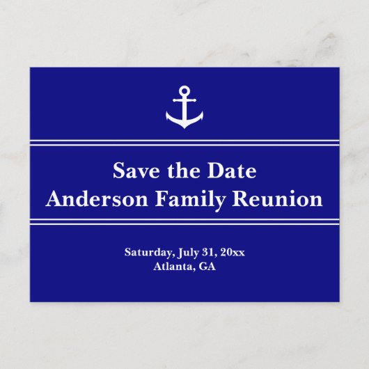 Nautical Blue and White Anchor Text Family Reunion Aankondigingskaart (Voorkant)