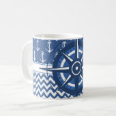 Nautical Blue and White Chevron en Anchor Pattern Koffiemok (Voorkant links)