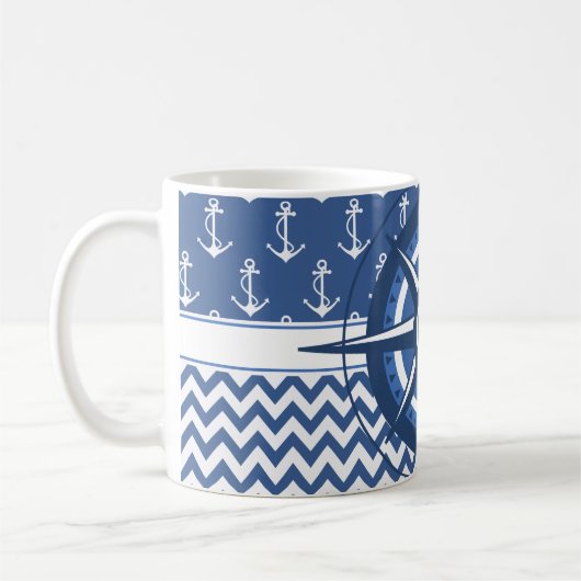 Nautical Blue and White Chevron en Anchor Pattern Koffiemok (Links)