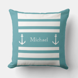 Nautical Blue and White Stripes Anchor Name Kussen