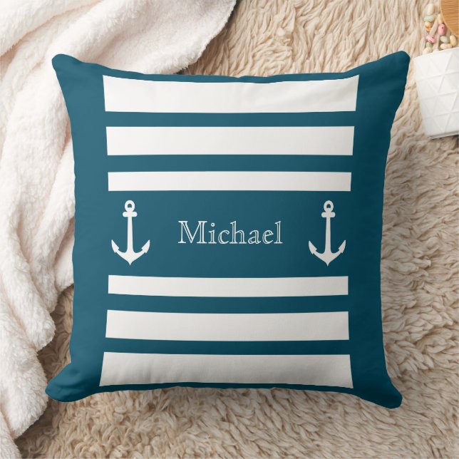 Nautical Blue and White Stripes Anchor Name Kussen (Deken)