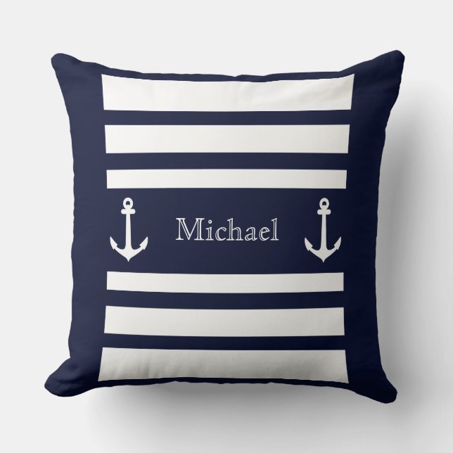 Nautical Blue and White Stripes Anchor Name Kussen (Voorkant)