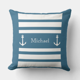 Nautical Blue and White Stripes Anchor Name Kussen