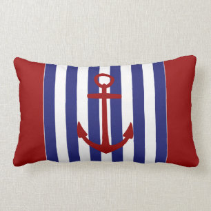 Nautical Blue and White Stripes met Red Anchor Kussen