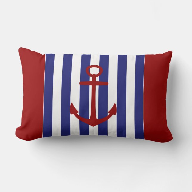 Nautical Blue and White Stripes met Red Anchor Kussen (Voorkant)