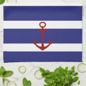 Nautical Blue and White Stripes met Red Anchor Theedoek (Gevouwen)