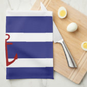 Nautical Blue and White Stripes met Red Anchor Theedoek (Quarter Fold)