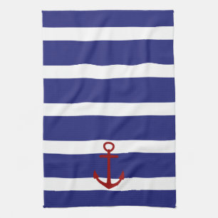 Nautical Blue and White Stripes met Red Anchor Theedoek