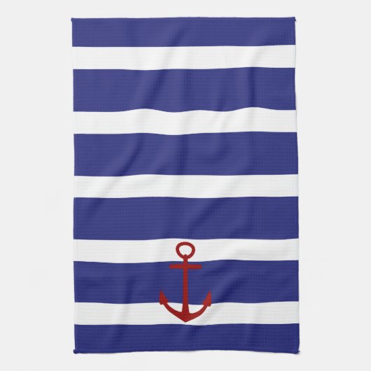 Nautical Blue and White Stripes met Red Anchor Theedoek (Verticaal)