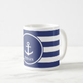 Nautical Blue and White Text Sjabloon met Anchor Koffiemok (Voorkant rechts)